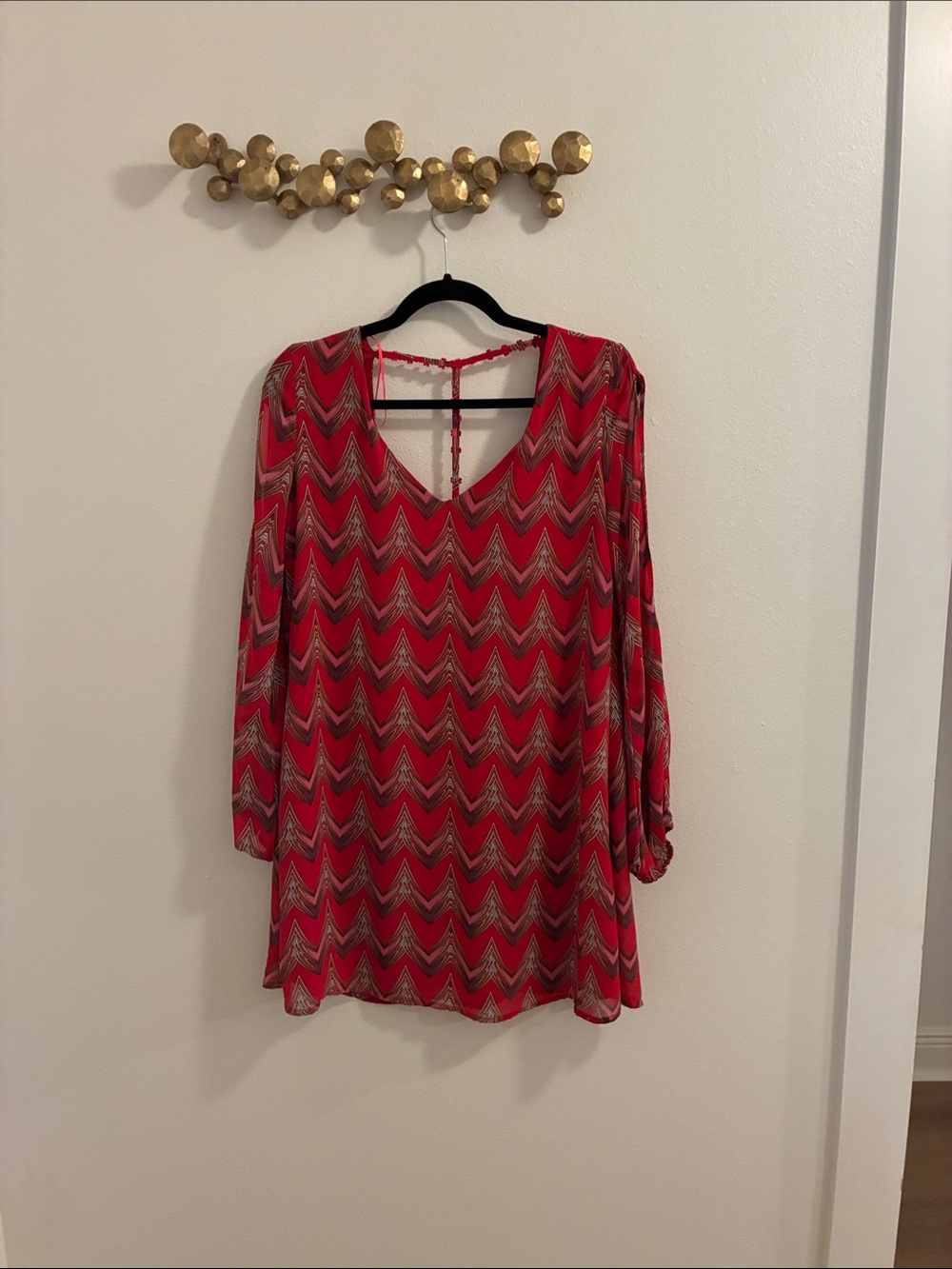 Red and Pink Chevron Print V-Neck Mini Dress